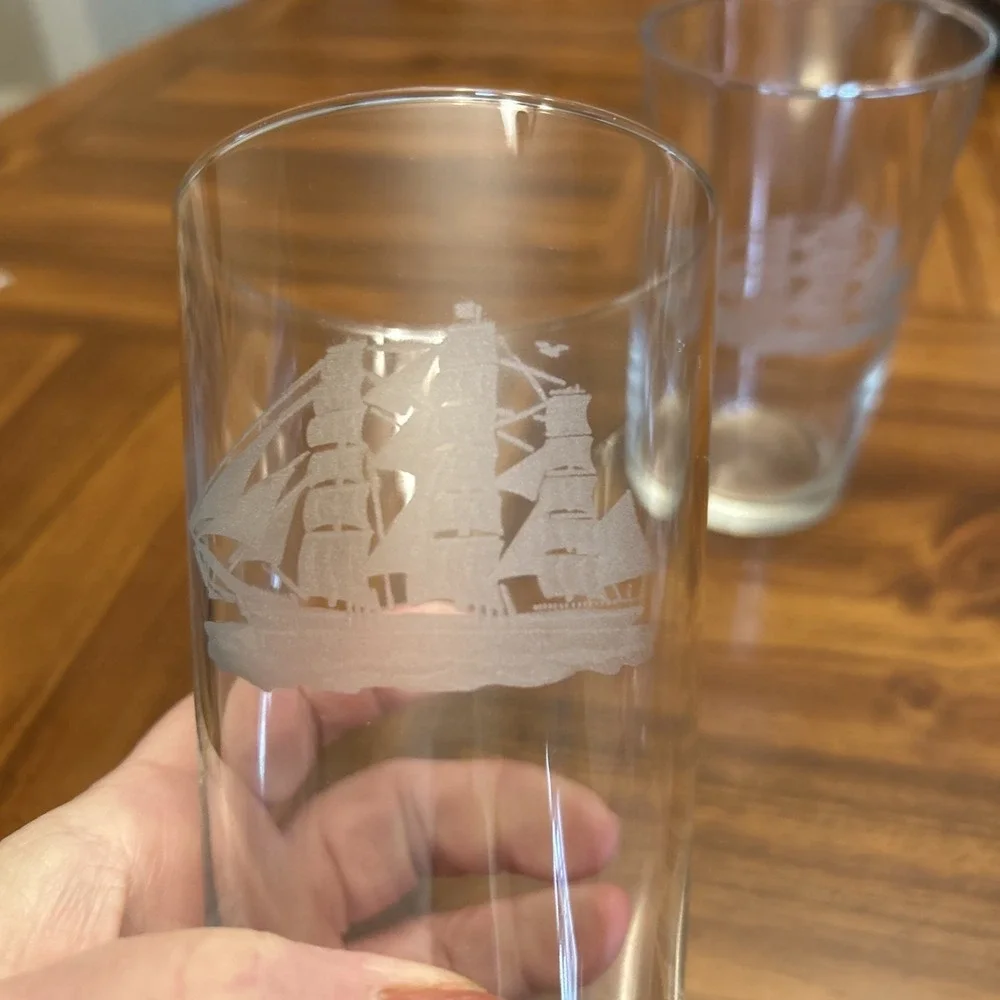 Vintage Clear Glass‎ Beer Glass Tumbler Water Sail Boat Ship Viking Set 2